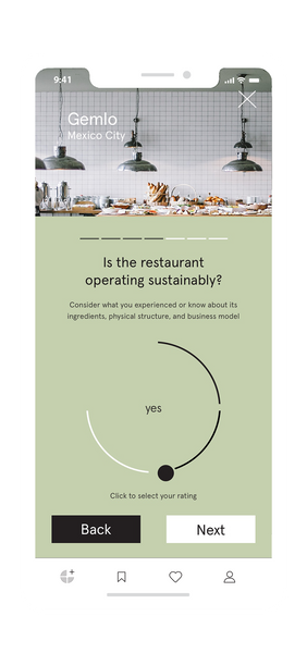 Mobile phone screen of holistic five-step rating process on upcoming rating platform by Table Sage